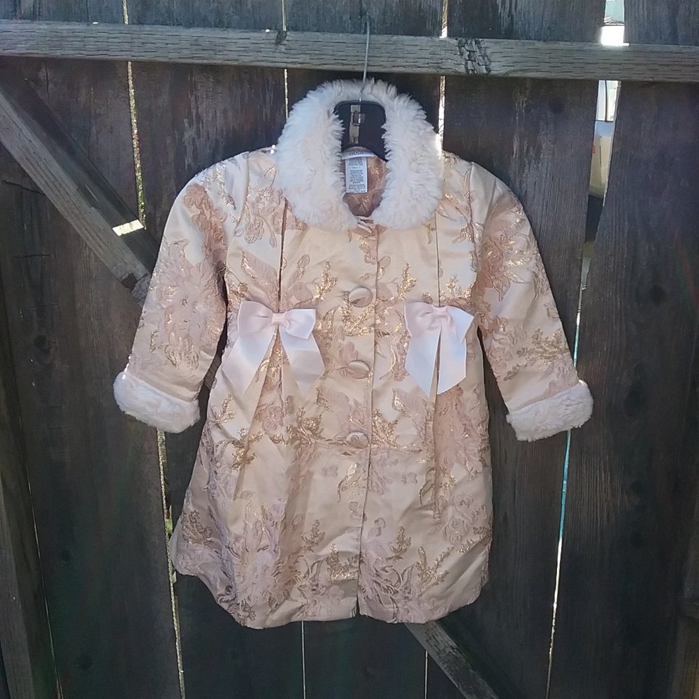 Fancy Blush Pink Brocade Faux Fur Collar Special Occasion Princess Coat Size 5